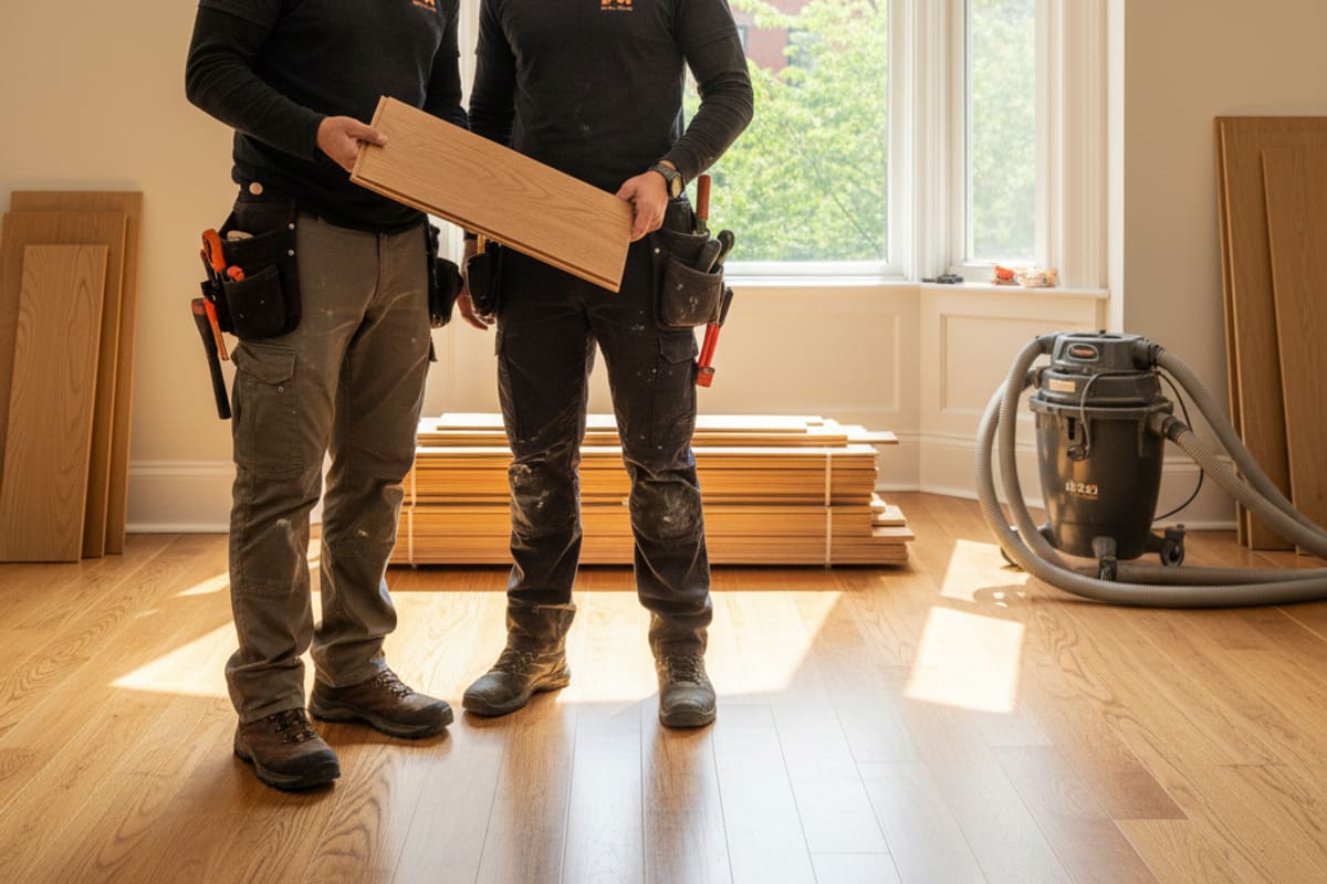 Skilled craftsman installing hardwood planks in a residential setting, showcasing attention to detail and...