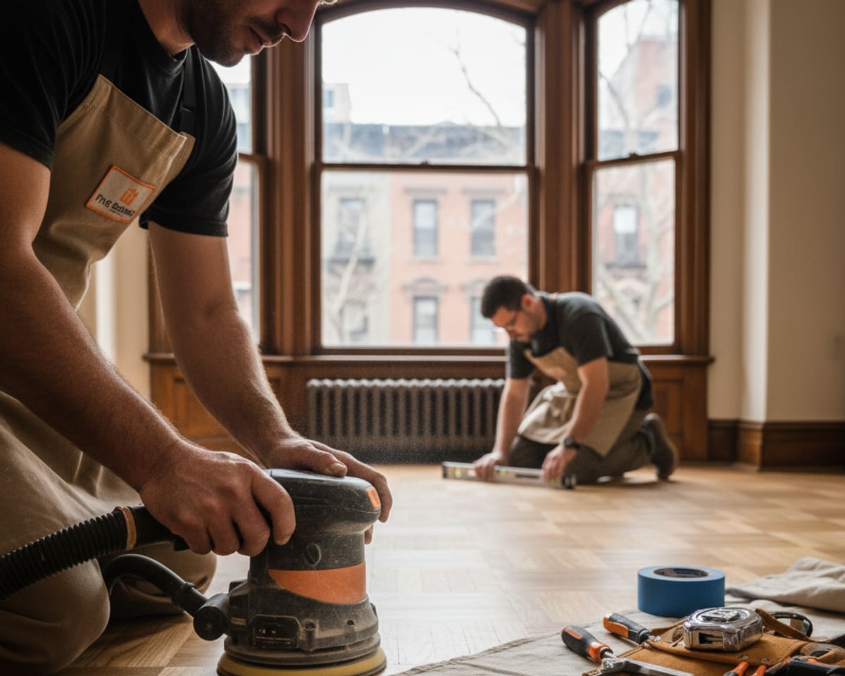 A close-up of a hardwood flooring craftsmen thoroughly working on a floor, highlighting precision.