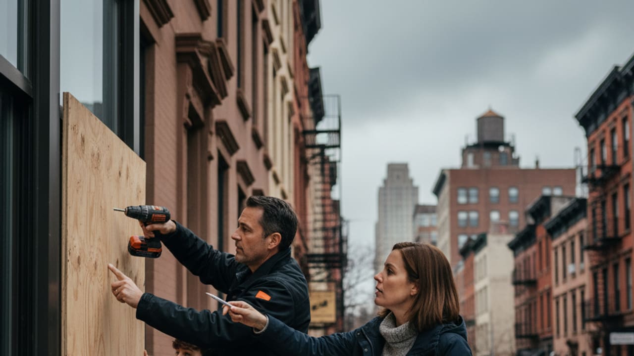 Family preparing their home with a storm prep checklist by boarding windows, ensuring home safety.