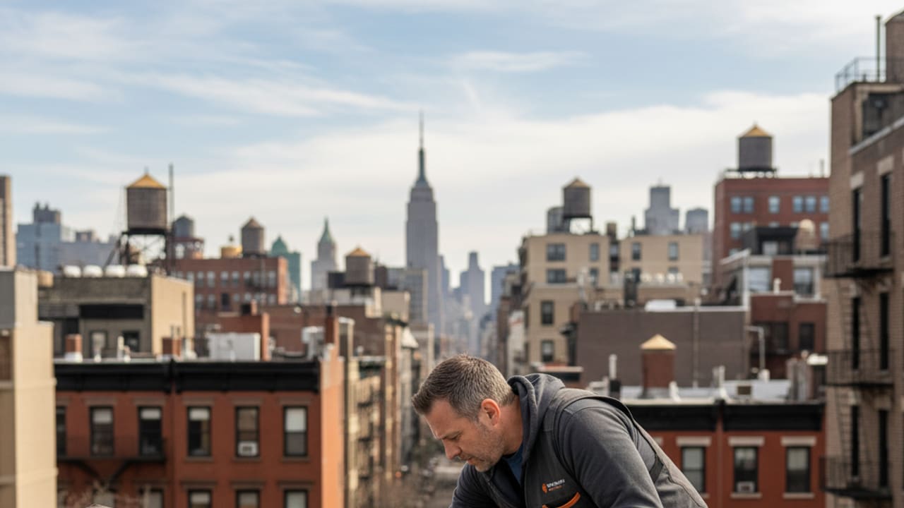 A worker inspecting a commercial flat roof for damage and potential leaks, assessing flat roof repair cost.