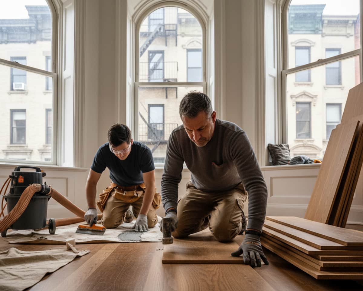 Skilled craftsman carefully installing hardwood planks in a Bronx residence