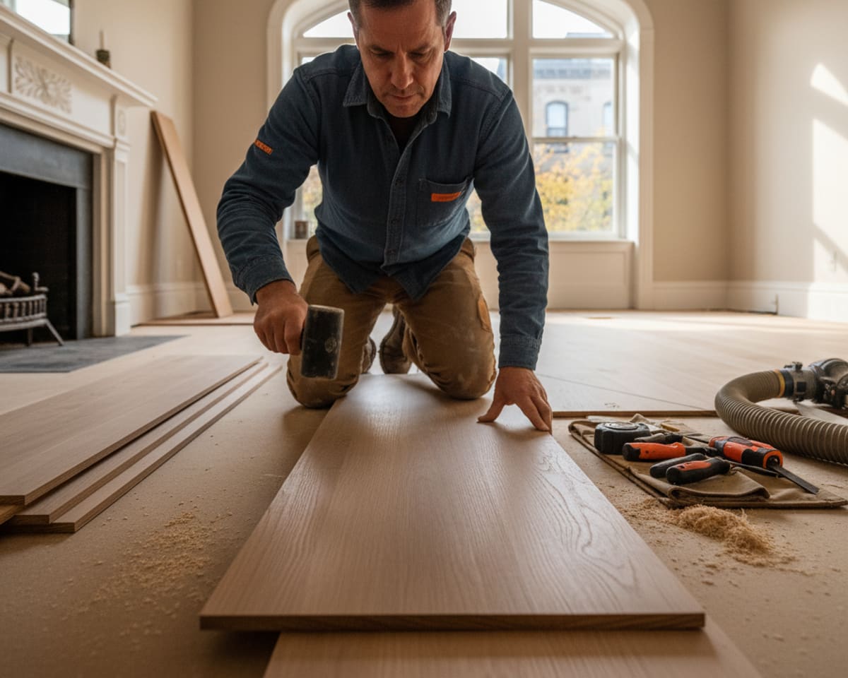 A craftsman carefully laying hardwood planks during a floor installation project in a Brooklyn brownstone.