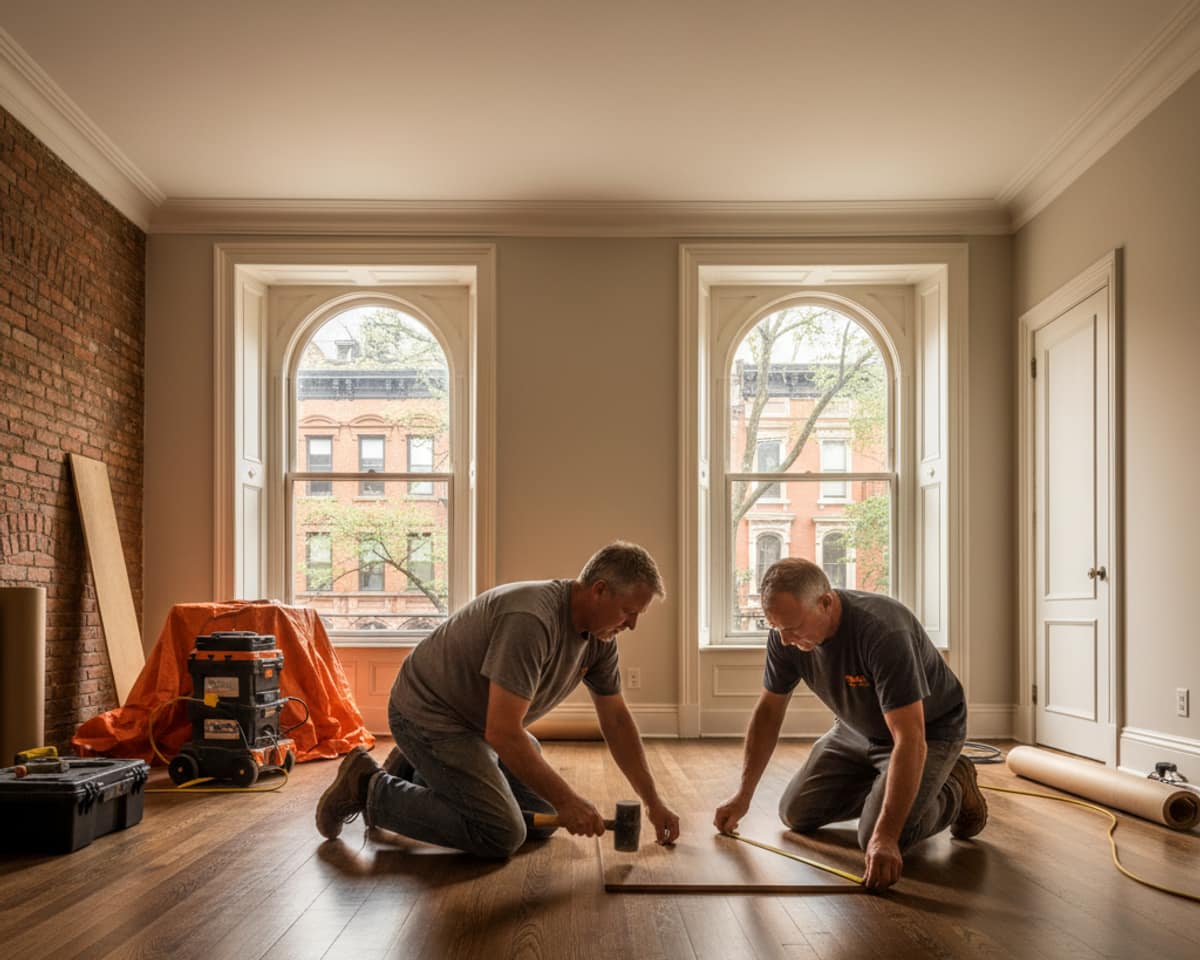 Close-up of newly installed wide plank hardwood floors reflecting light in a Manhattan residence.