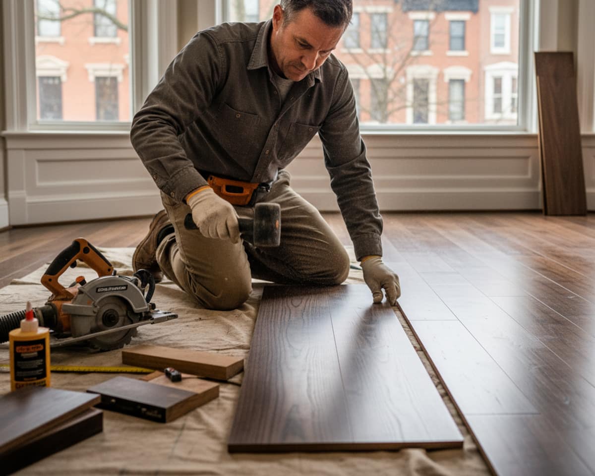 Skilled craftsman kneeling to precisely install a hardwood plank in a residential space in Queens.