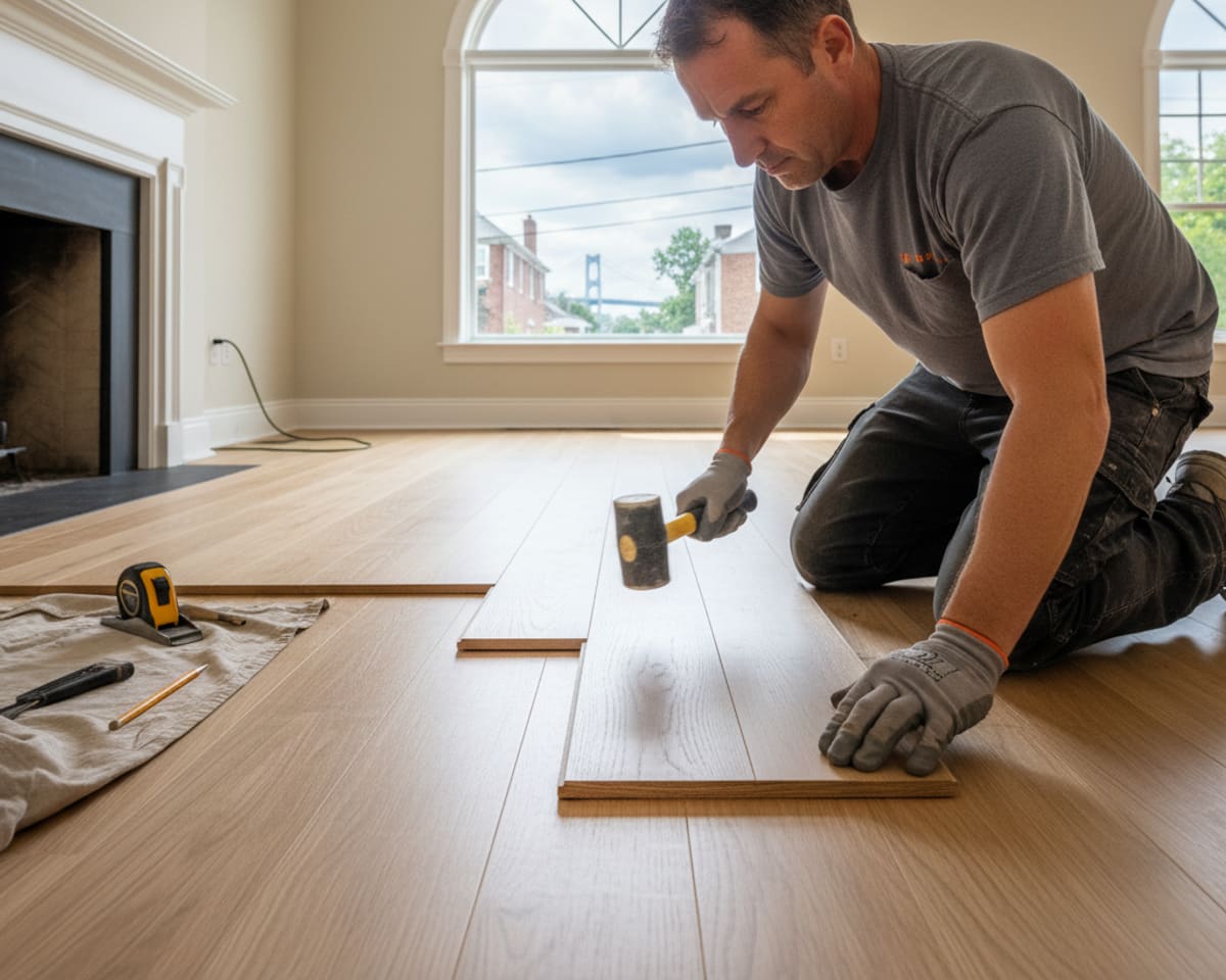 Close-up of a craftsman thoroughly installing hardwood planks with precision in a Staten Island residence