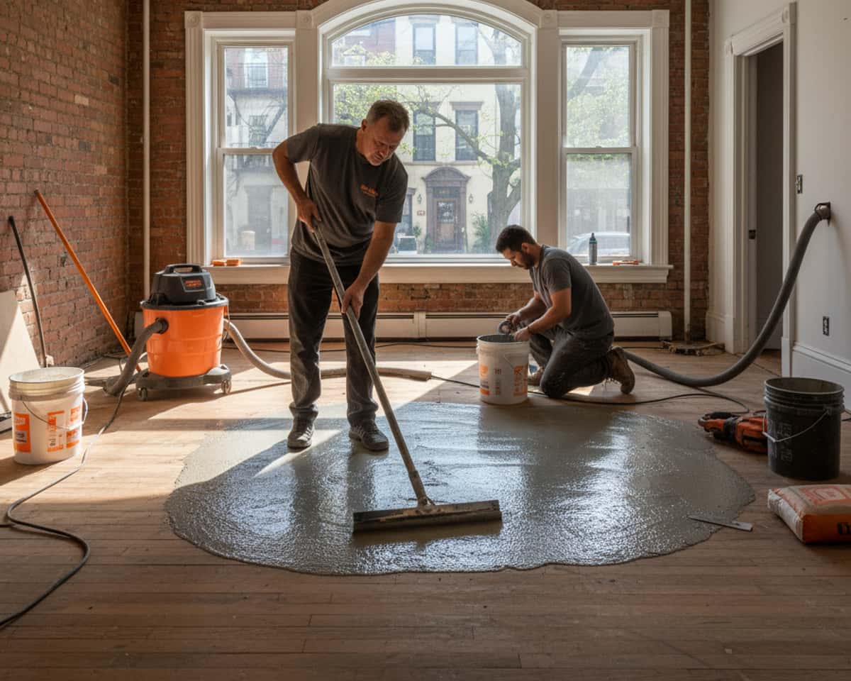 A Five Boro Flooring & Hardwood craftsman applying self-leveling compound to a subfloor in the Bronx.