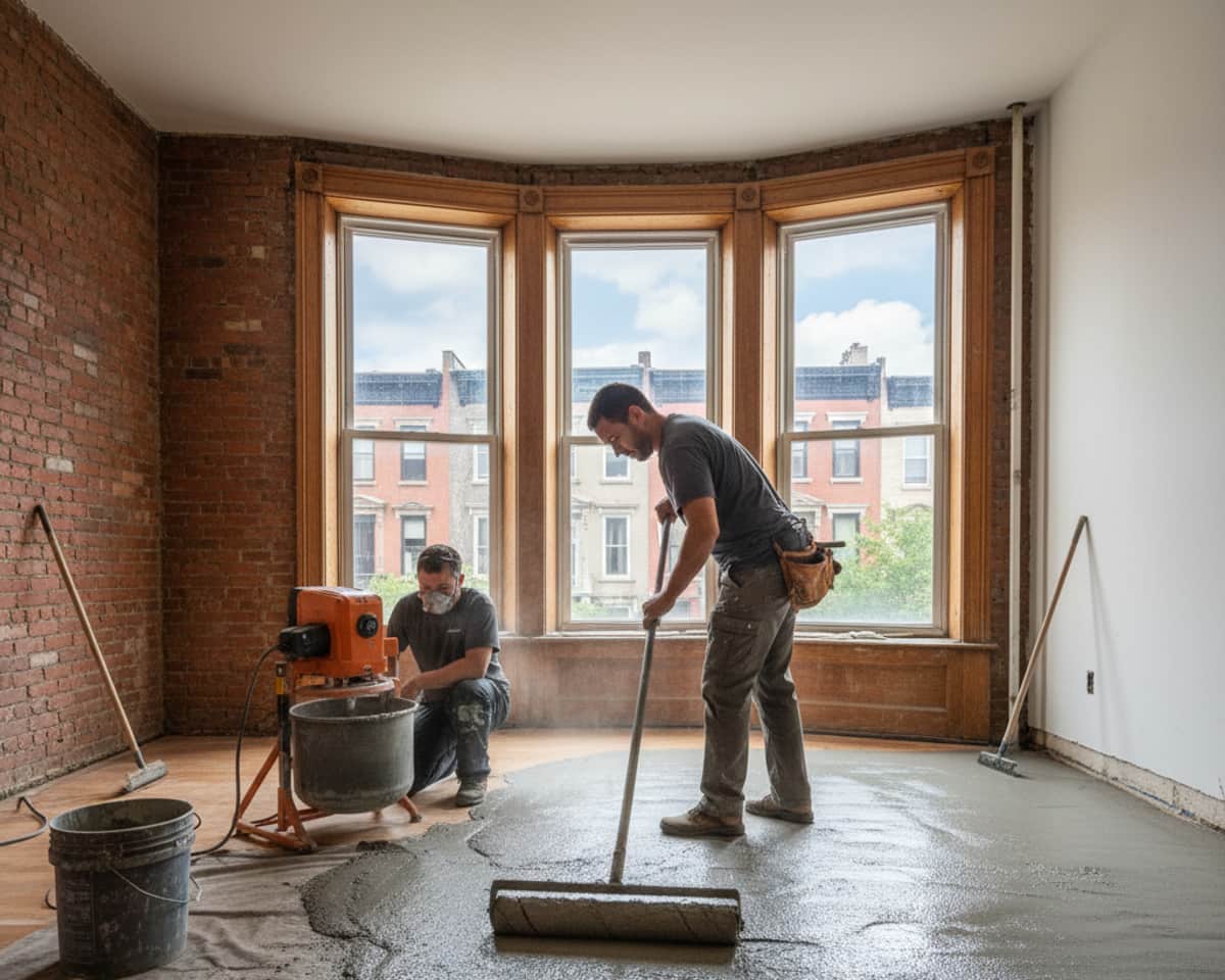 Technician applies self-leveling compound to a subfloor in a Brooklyn apartment for a perfectly flat surface.