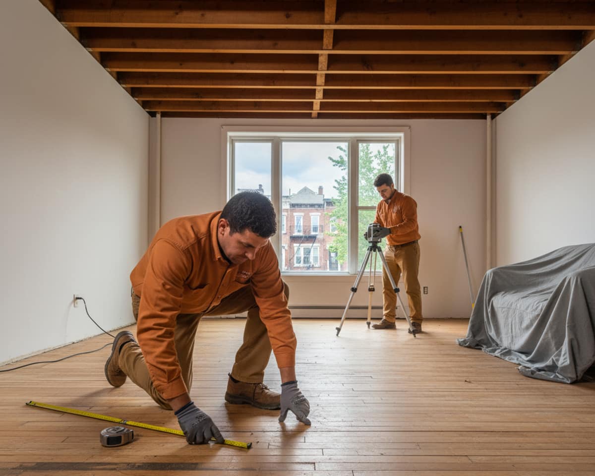Five Boro Flooring & Hardwood craftsman inspecting a subfloor in a Queens residence.