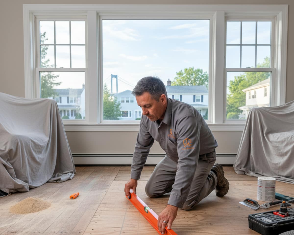 A professional flooring specialist inspecting a subfloor for unevenness with a level, preparing for floor leveling.
