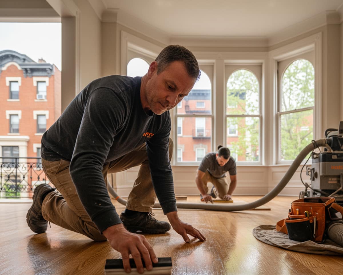 A skilled craftsman applying a protective finish during hardwood floor maintenance in a Bronx residence.
