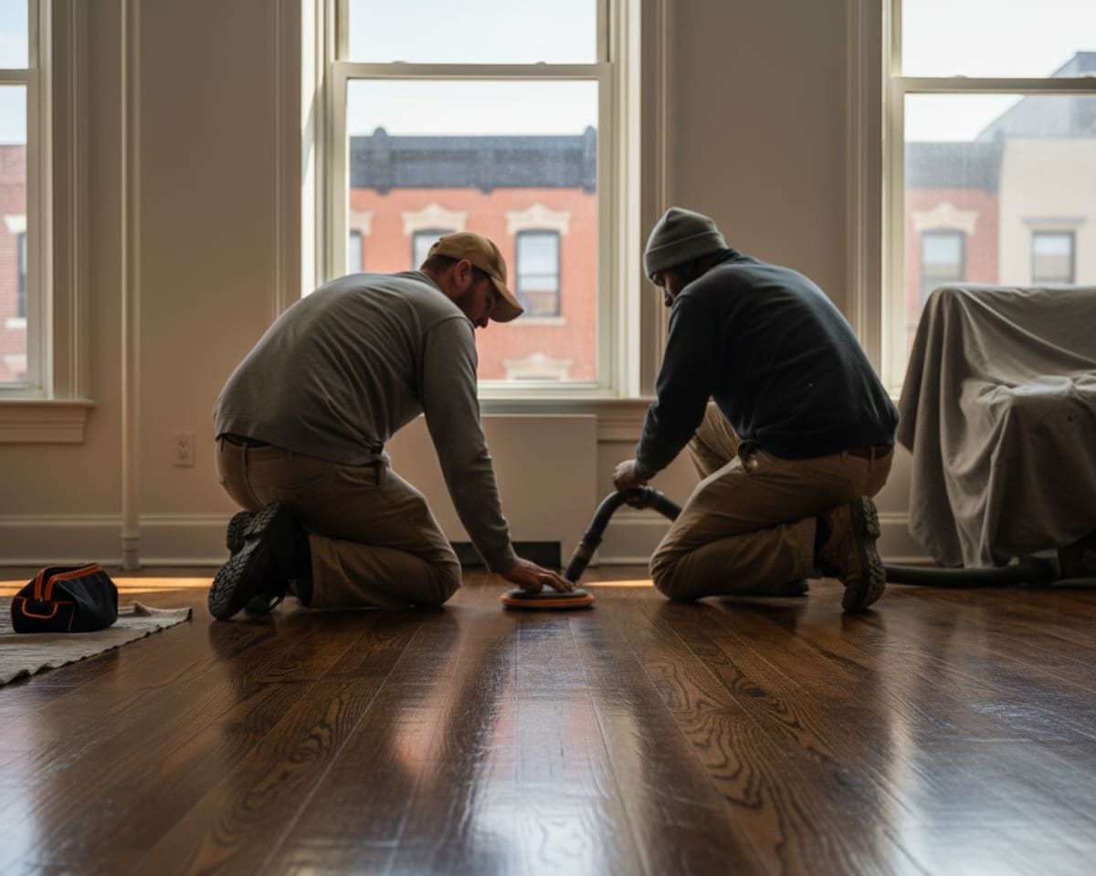 Close-up of a perfectly maintained hardwood floor in a Brooklyn apartment, reflecting light.