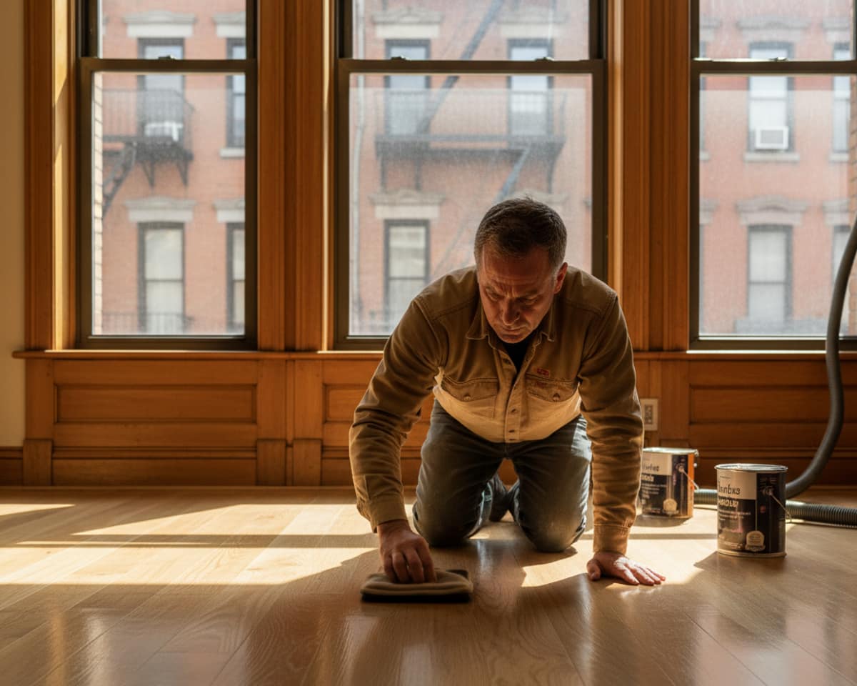 Expert applying floor polish to hardwood floors in a sunlit Manhattan living room