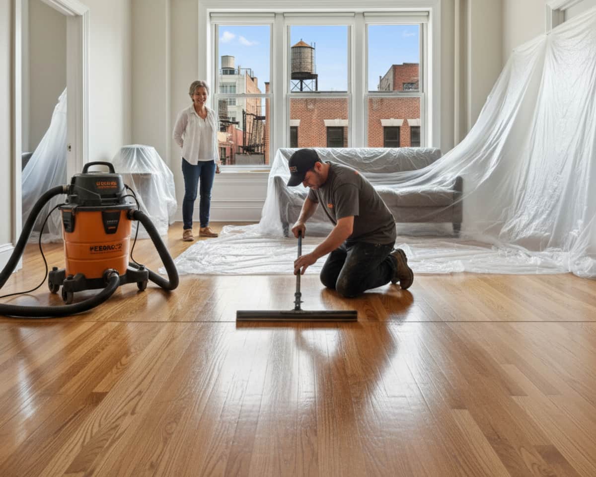Skilled technician applying a protective finish during hardwood floor maintenance in a Queens residence.