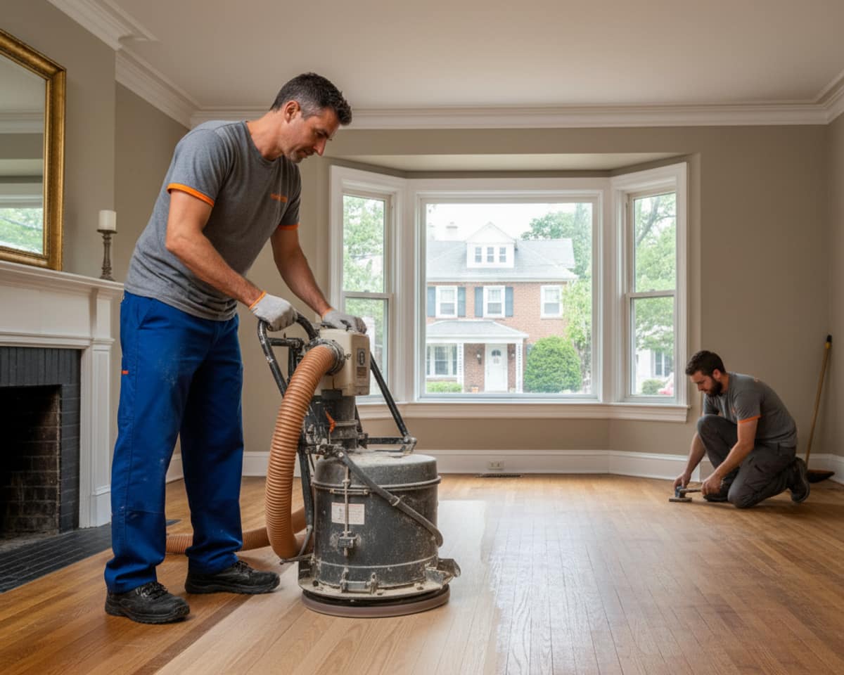 Skilled technician performing hardwood floor maintenance with specialized equipment in a Staten Island home.