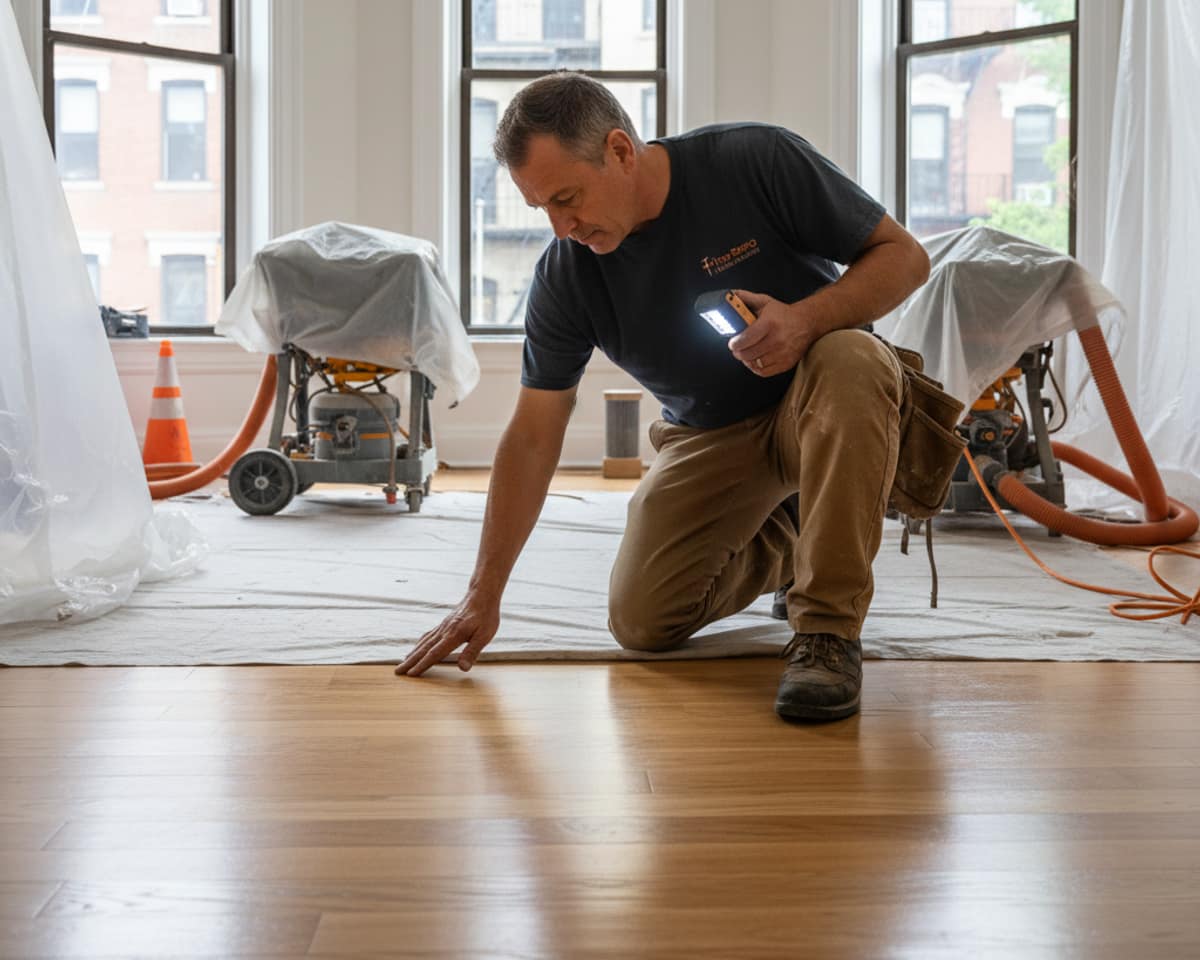 Craftsman carefully inspecting a section of a newly refinished hardwood floor in a Bronx residence.