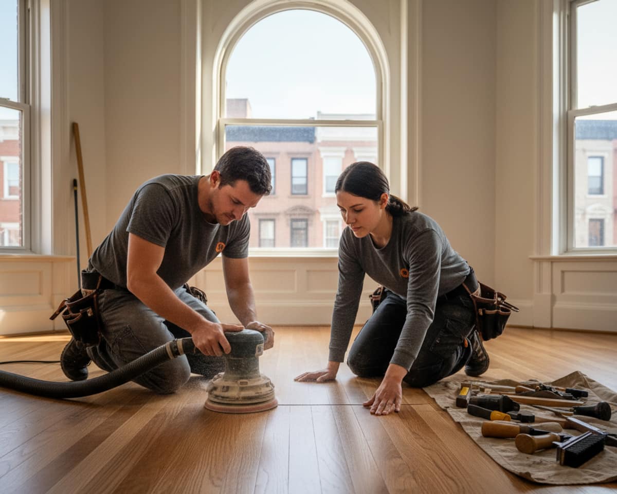 A close-up of beautifully refinished oak hardwood flooring in a Brooklyn brownstone, showing restored grain.
