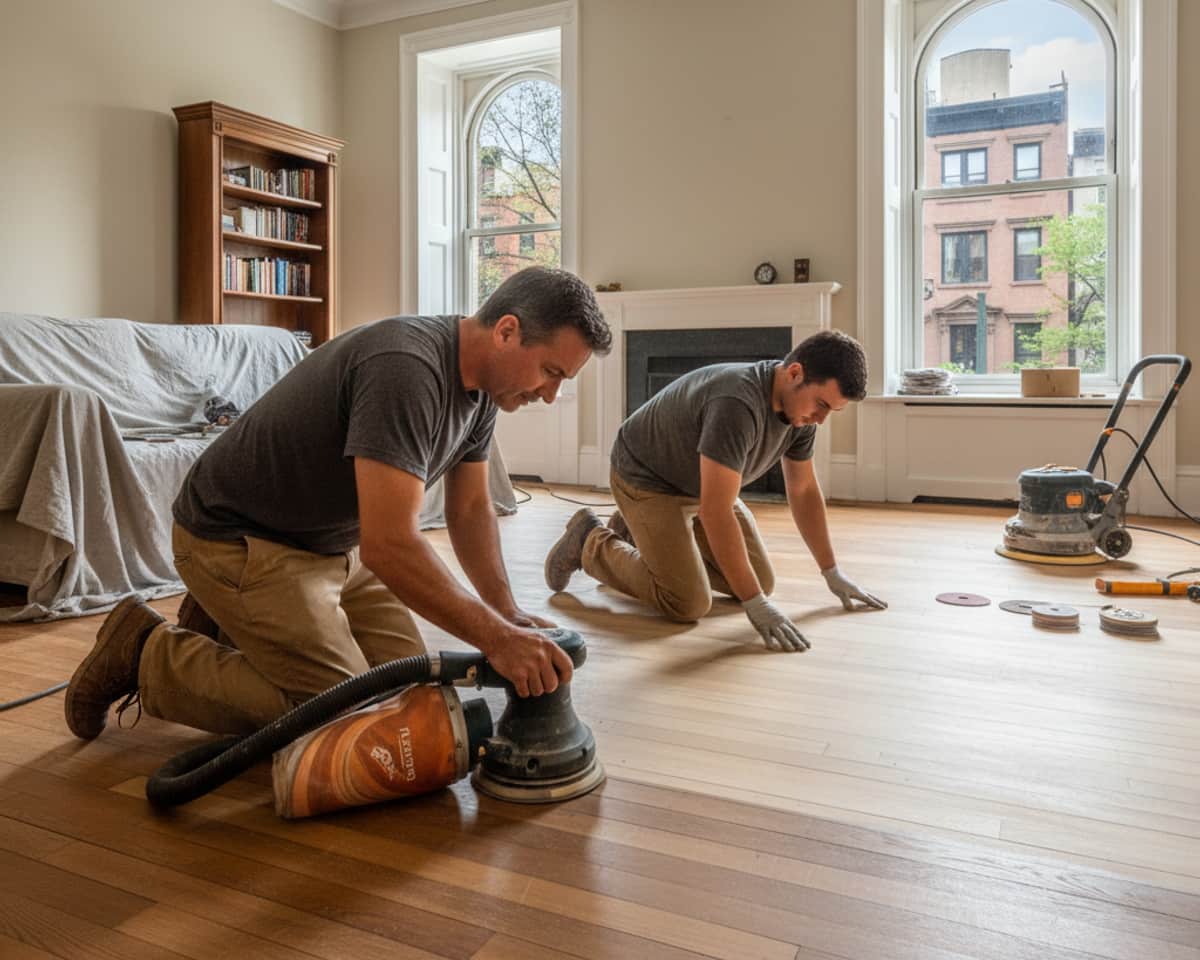 Craftsmen thoroughly working on hardwood floor refinishing in a Manhattan brownstone, ensuring attention to detail.