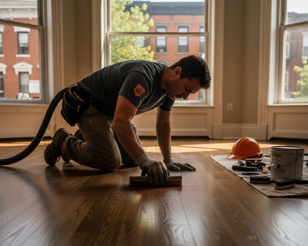 Skilled craftsman thoroughly applying a finish to a hardwood floor in a Queens home.