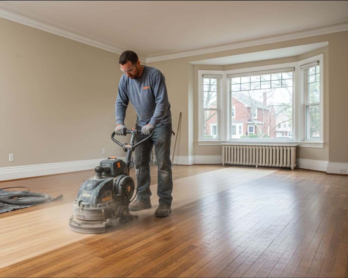 Craftsman thoroughly working on hardwood floor refinishing in a Staten Island home, sanding the surface
