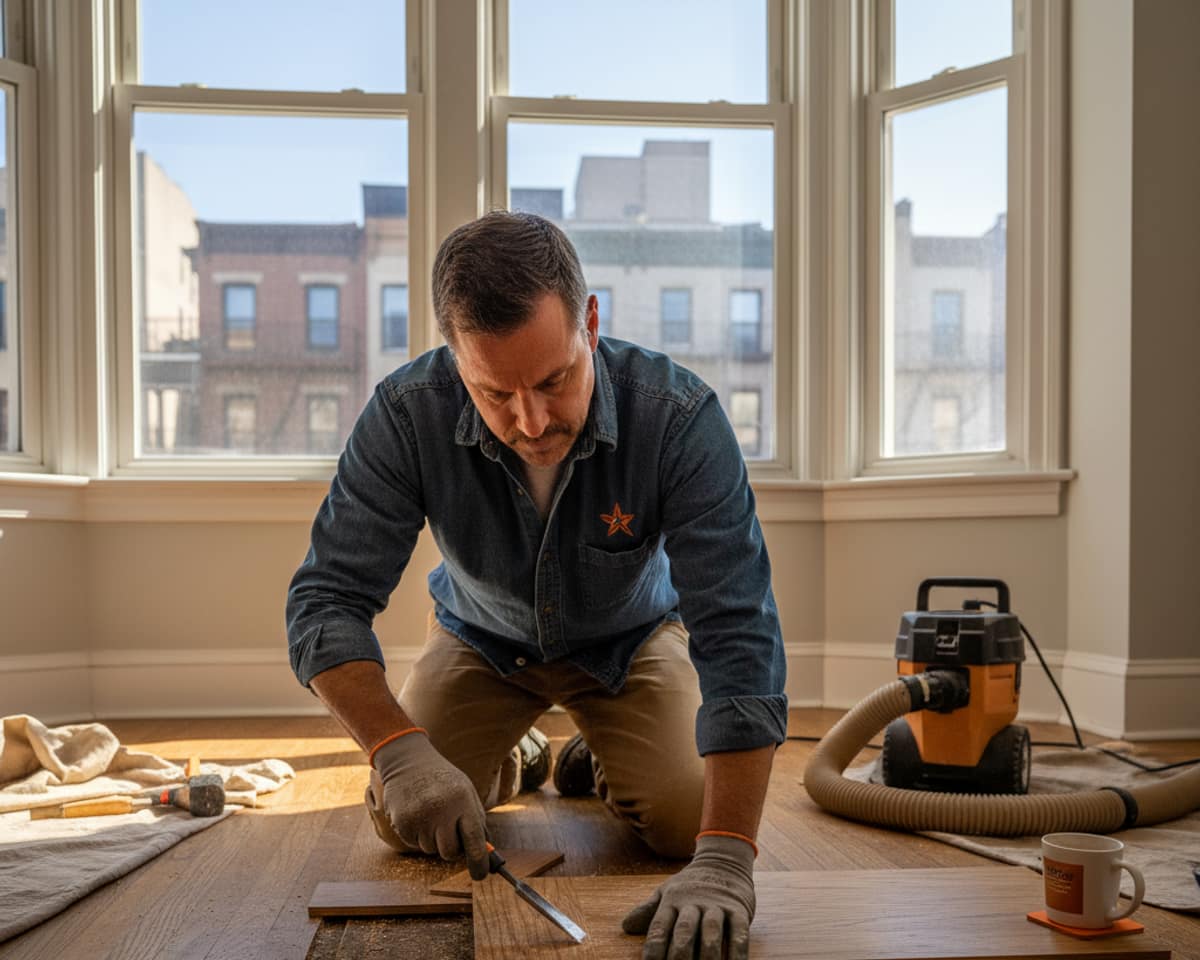 Skilled craftsman carefully repairing a section of hardwood floor in a Bronx home, matching wood grains.