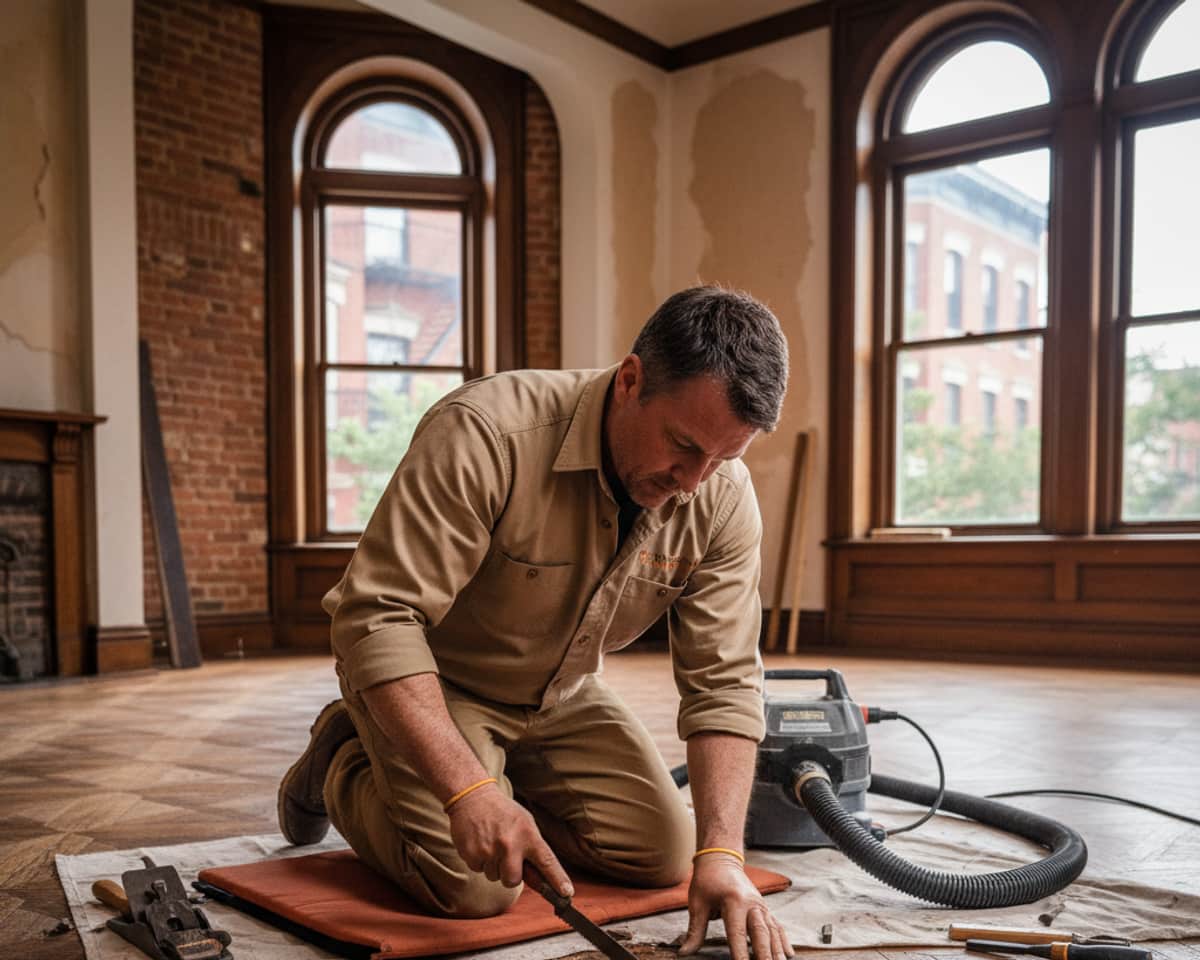 Skilled technician carefully repairing a section of intricate hardwood flooring in a Brooklyn residence.