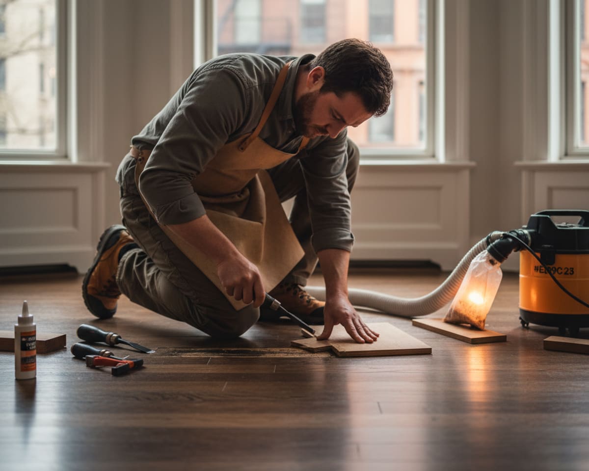Close-up of a craftsman thoroughly repairing a damaged section of hardwood flooring in a Manhattan home