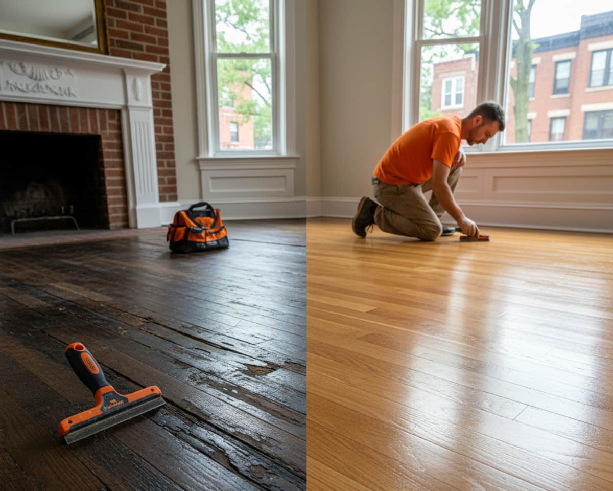 Before and after of a repaired water-damaged hardwood floor in Queens