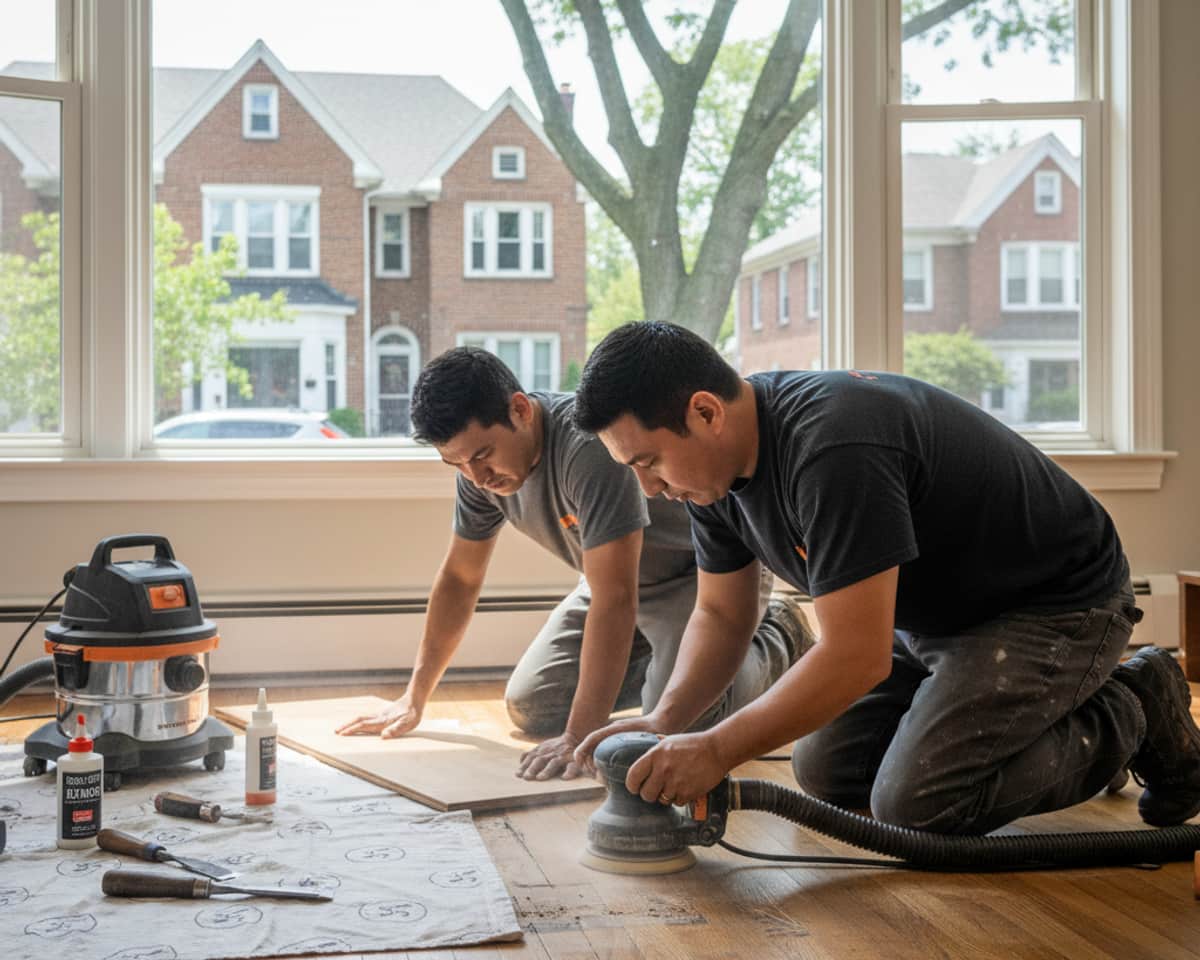 Close-up of a damaged hardwood floor being thoroughly repaired by a professional in a Staten Island residence.