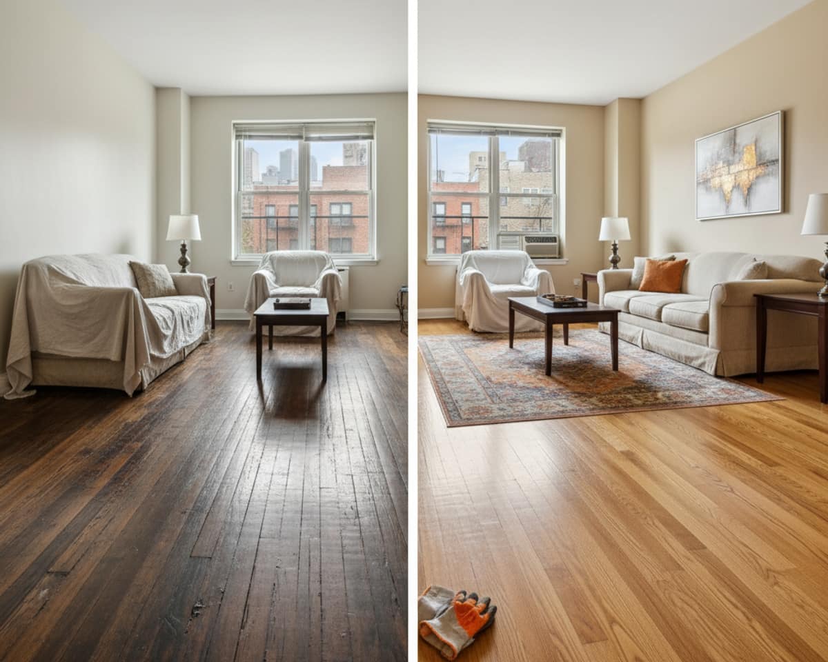 Before and after comparison of a living room in the Bronx with a new hardwood floor installation