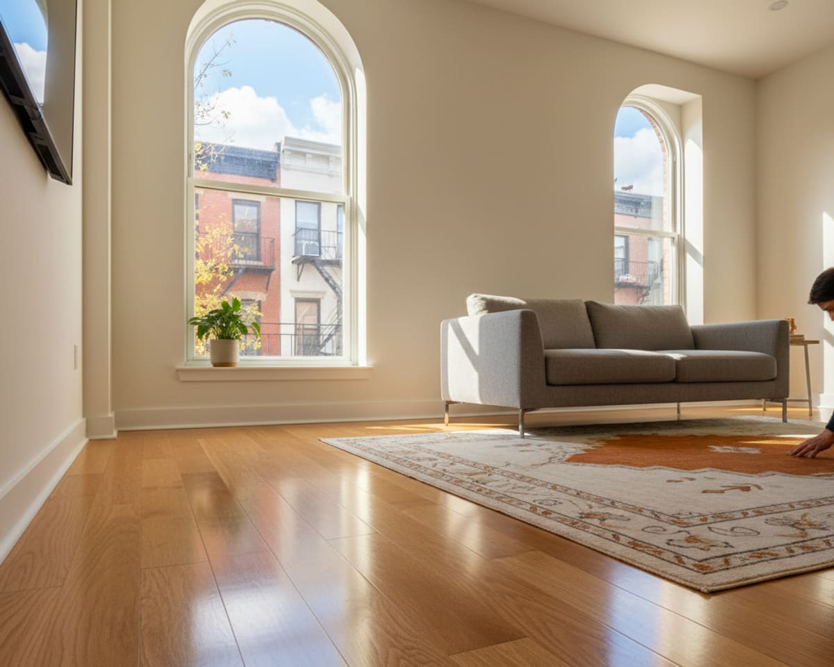 A perfectly finished hardwood floor reflecting light in a renovated Brooklyn apartment, showcasing fine craft.