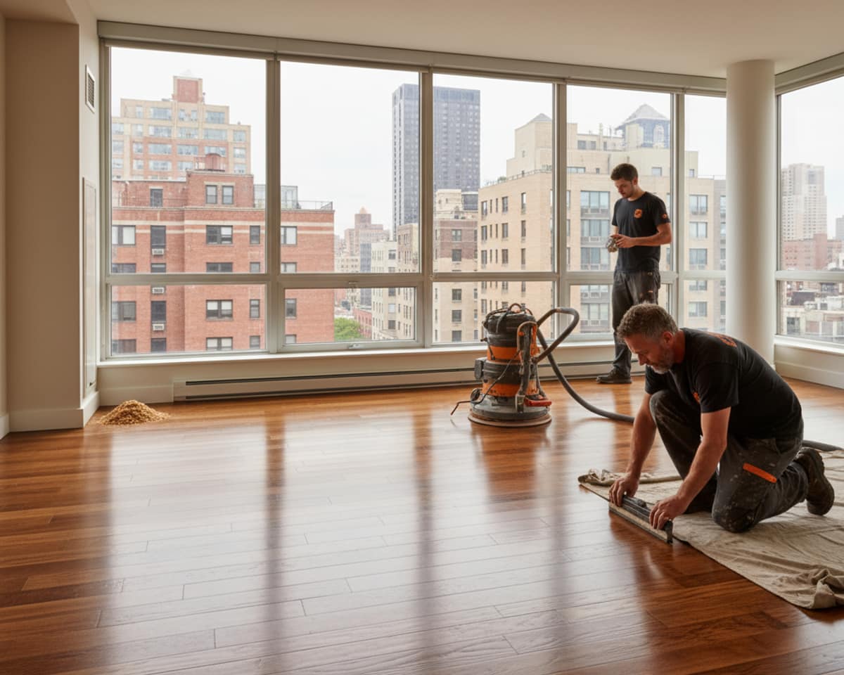 Skilled craftsman thoroughly installing hardwood planks in a high-rise apartment in Manhattan with city views.