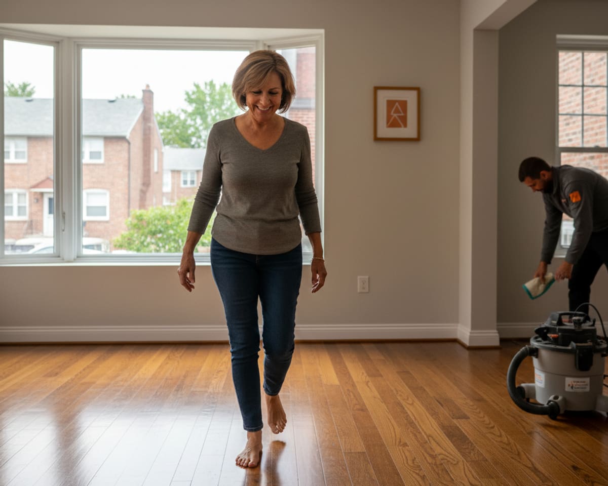 Happy Queens homeowner smiling while walking on her newly installed, gleaming hardwood floor.