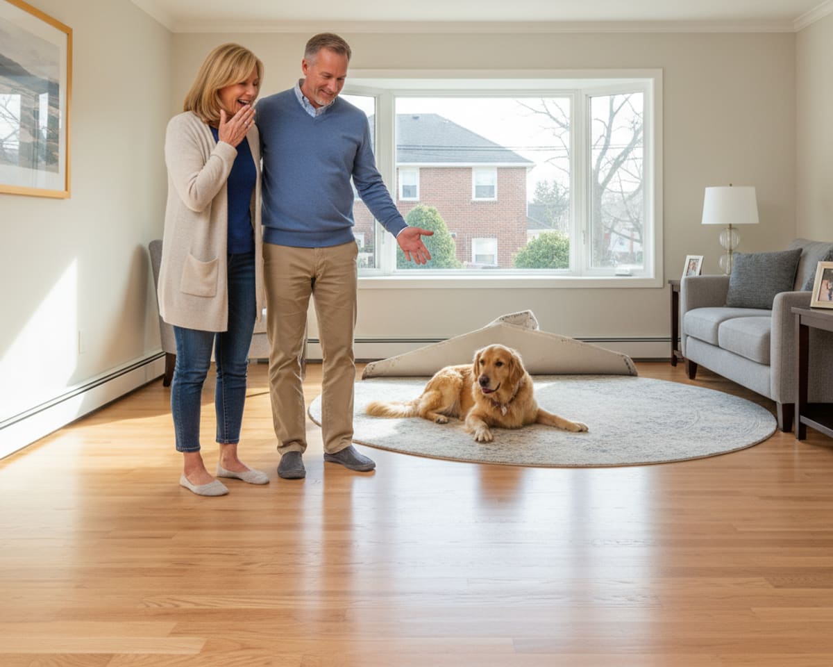 Happy Staten Island homeowner admiring their newly installed, flawless hardwood floor