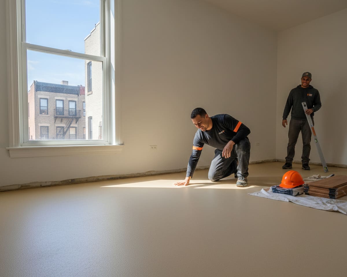 A newly leveled subfloor in a Bronx residence, smooth and ready for hardwood installation.