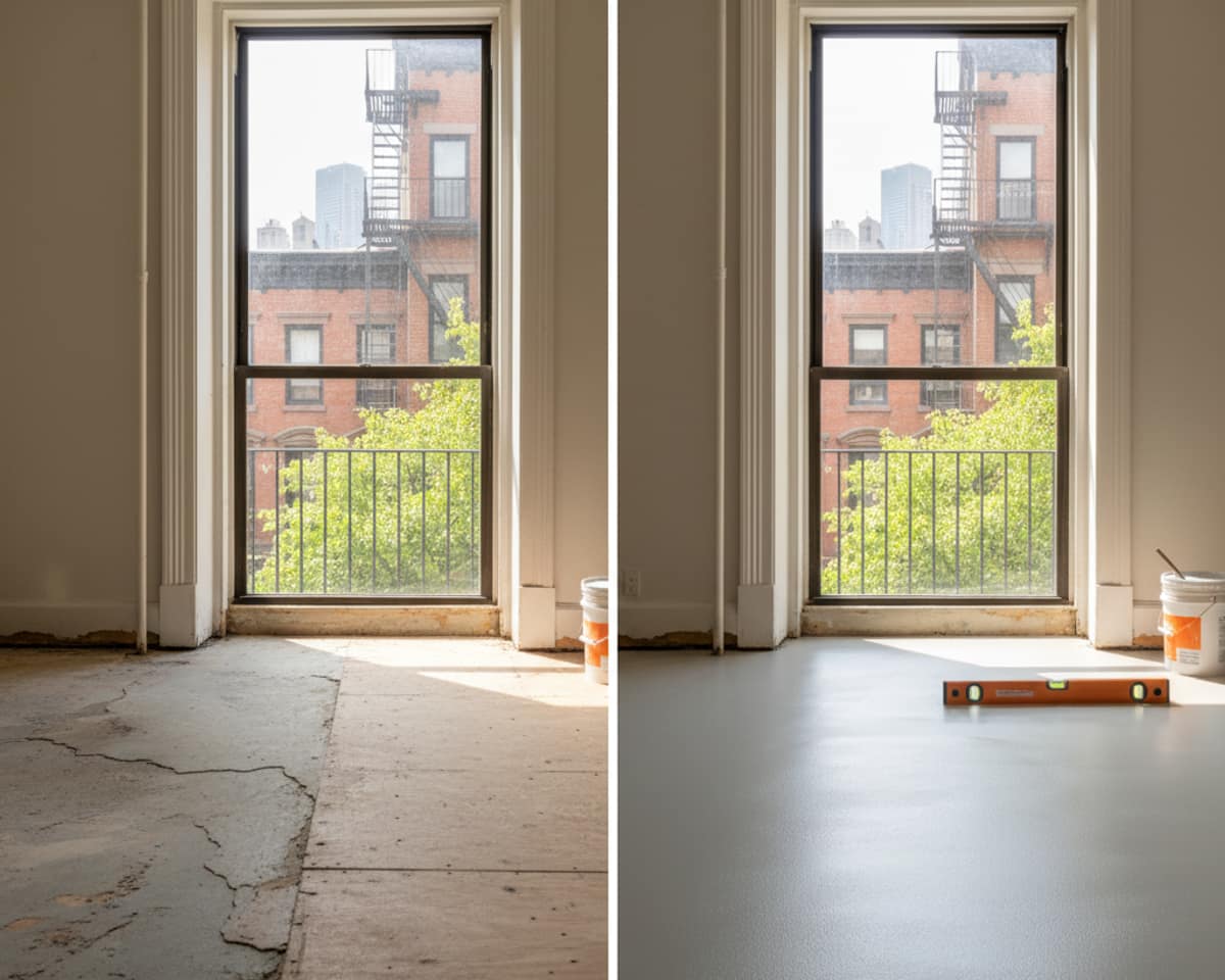 Before and after comparison of an uneven subfloor transformed into a perfectly flat surface by skilled craftsmen.