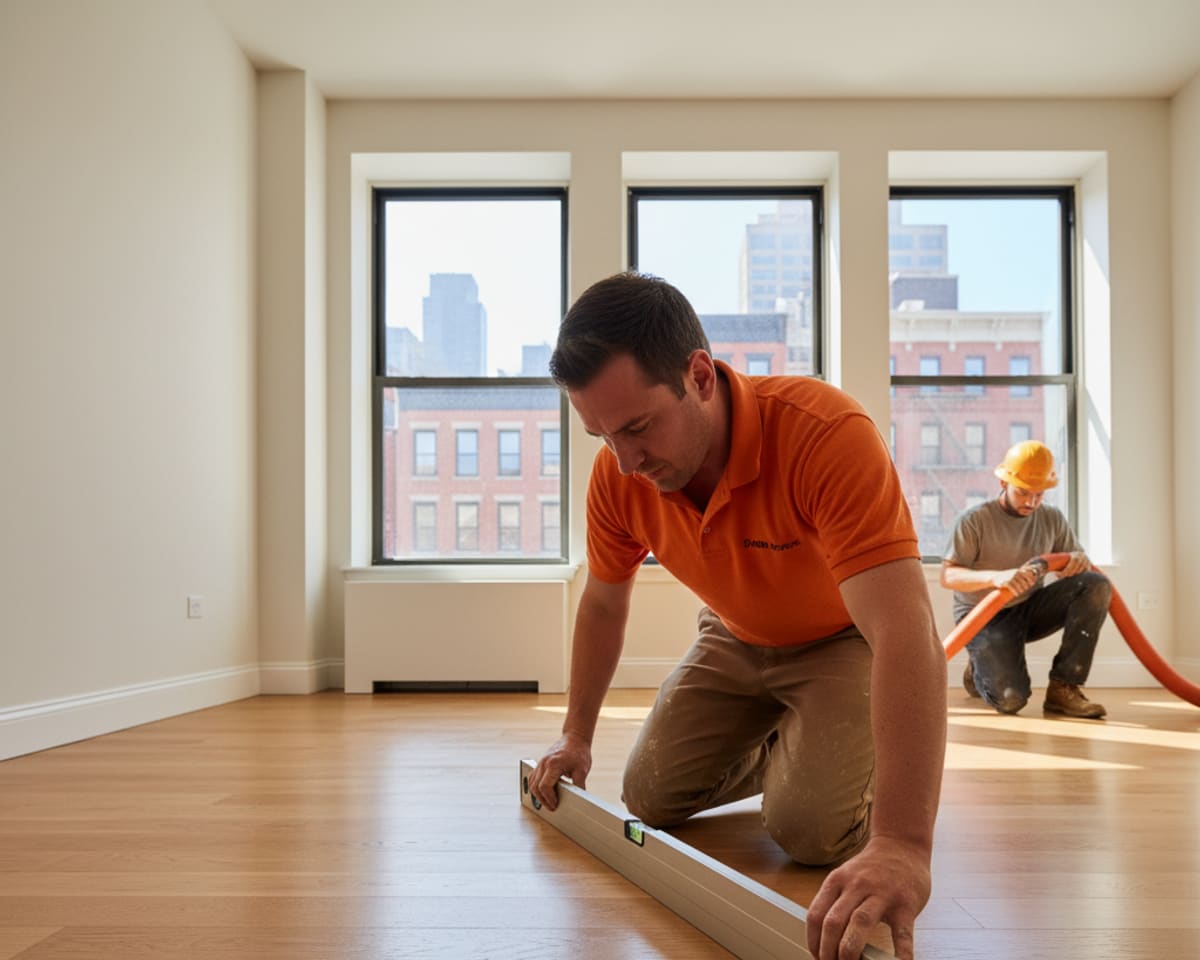 A Five Boro Flooring & Hardwood specialist checks the evenness of a newly leveled floor in a Manhattan...