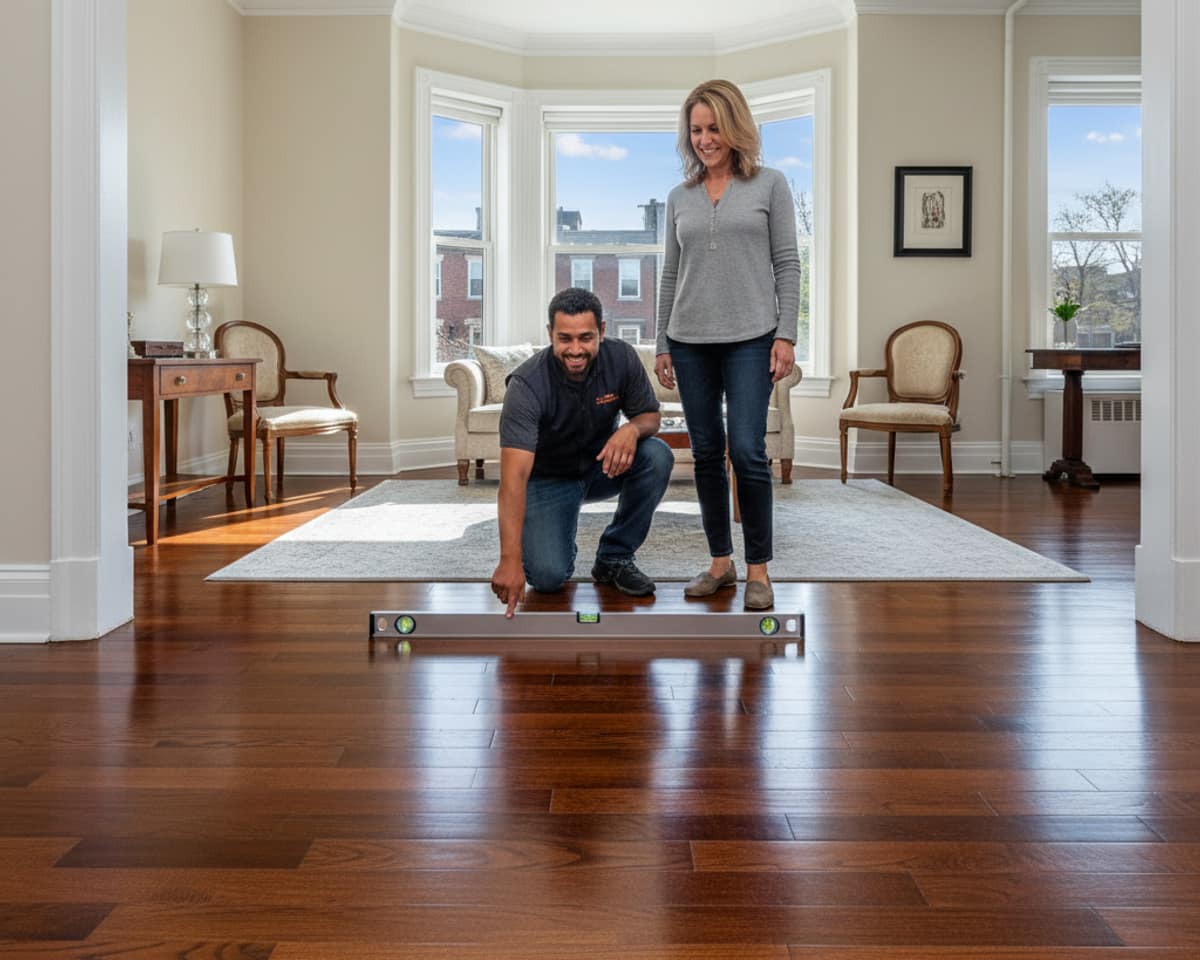 A Five Boro Flooring & Hardwood team member discussing a floor leveling plan with a homeowner in Queens.