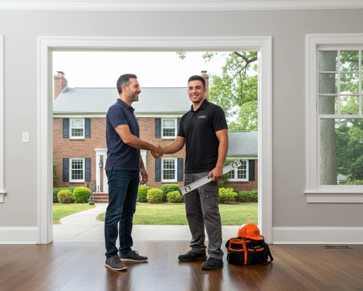 Satisfied Staten Island homeowner with Five Boro Flooring technician after a successful floor leveling project.