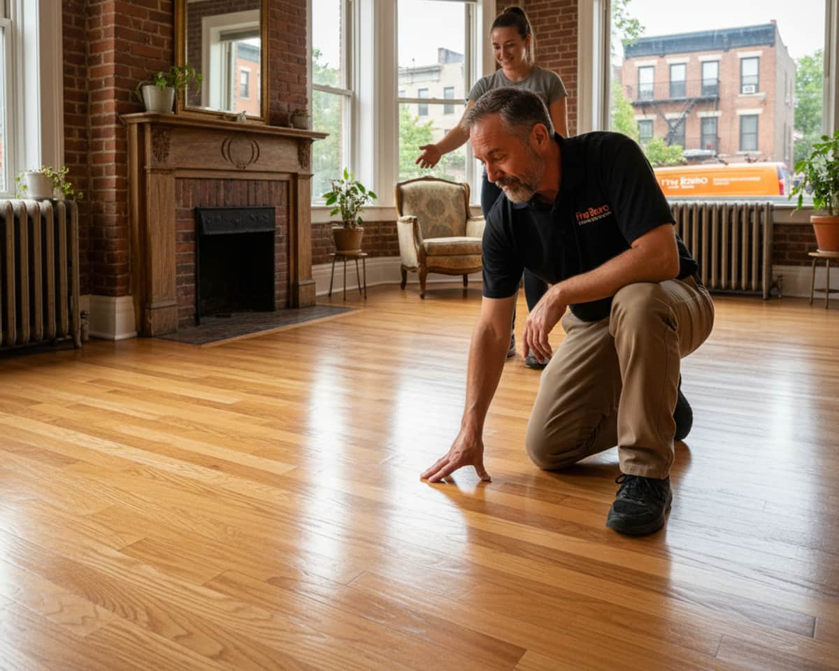 Five Boro Flooring team member inspects a newly maintained hardwood floor in a Bronx home.