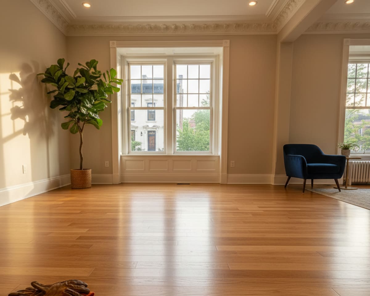 Skilled craftsman performing hardwood floor maintenance with specialized equipment in a Brooklyn residence.
