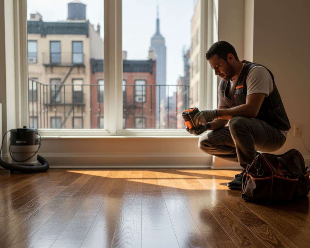 Hardwood floor planks showing a smooth, flawless finish after professional maintenance