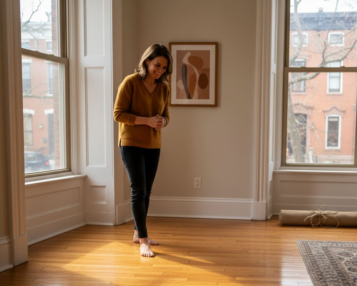 Happy Queens homeowner admiring their beautifully restored and maintained hardwood floors.