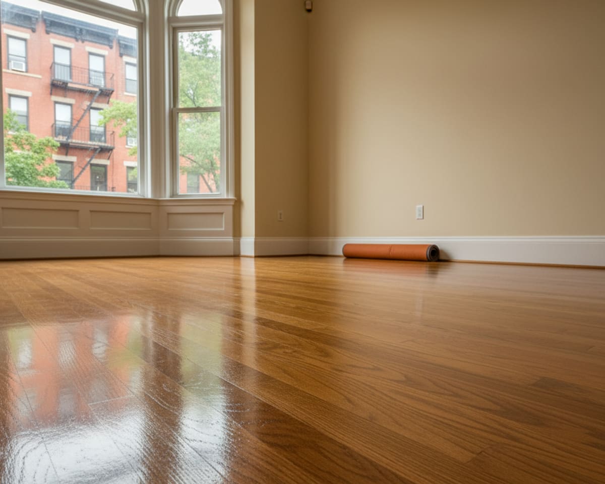 Close-up of a smooth, glossy hardwood floor, with natural light reflecting the luxury finish by Five Boro Flooring.