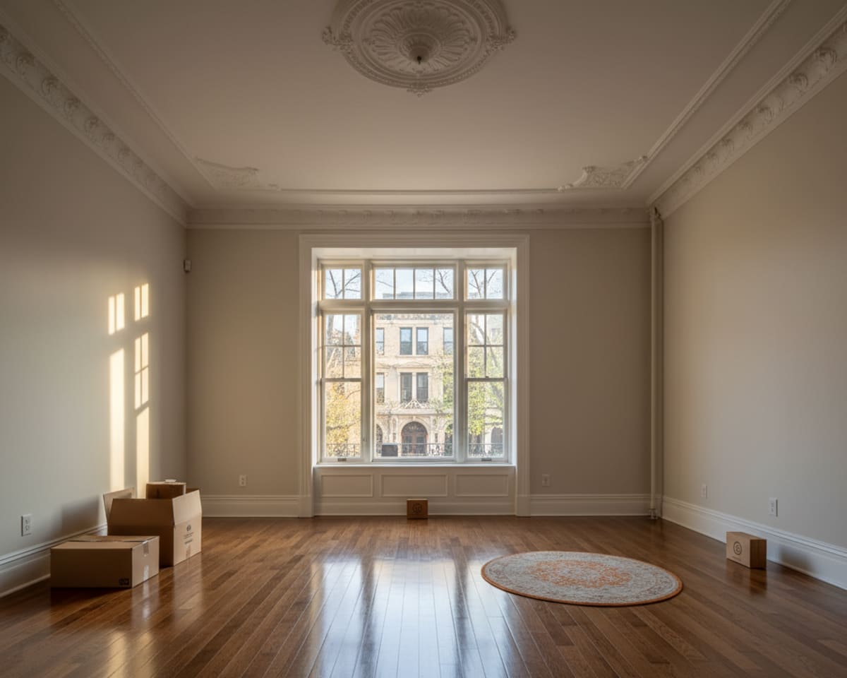 A Five Boro Flooring craftsman thoroughly hand-sanding the edge of a hardwood floor in a Brooklyn apartment.
