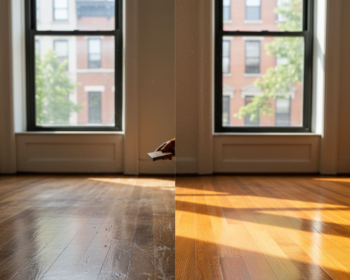Before and after comparison of a hardwood floor refinishing project in a Manhattan building, showing dramatic...