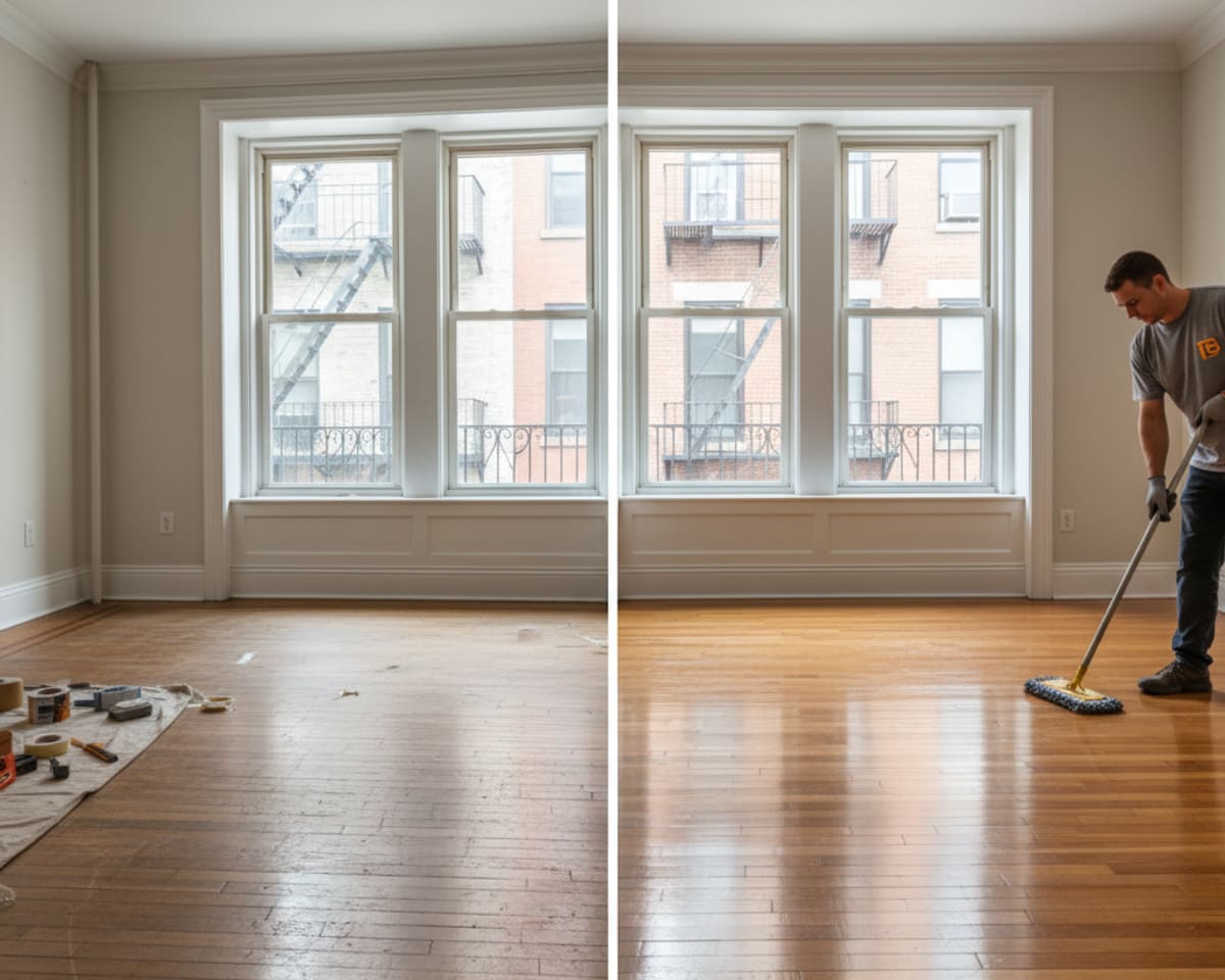 Before and after comparison of a hardwood floor refinishing project in a Queens residence.