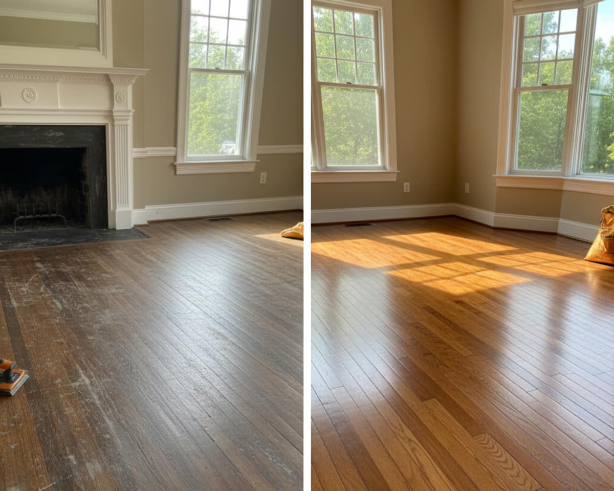 Before and after comparison of hardwood floor refinishing results in Staten Island, showing dramatic improvement