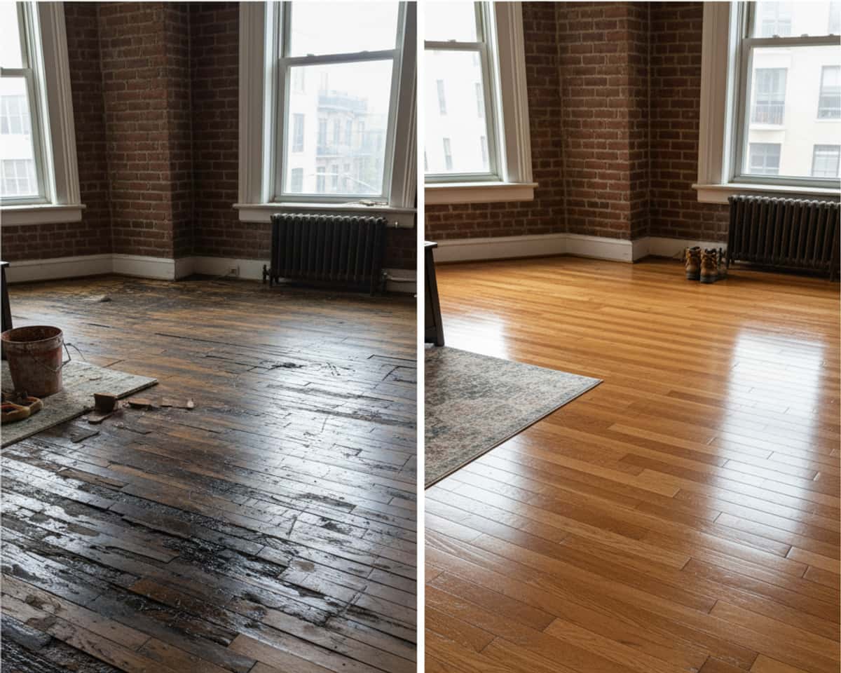 Before and after of a water-damaged hardwood floor, showing restoration by Five Boro Flooring in the Bronx.