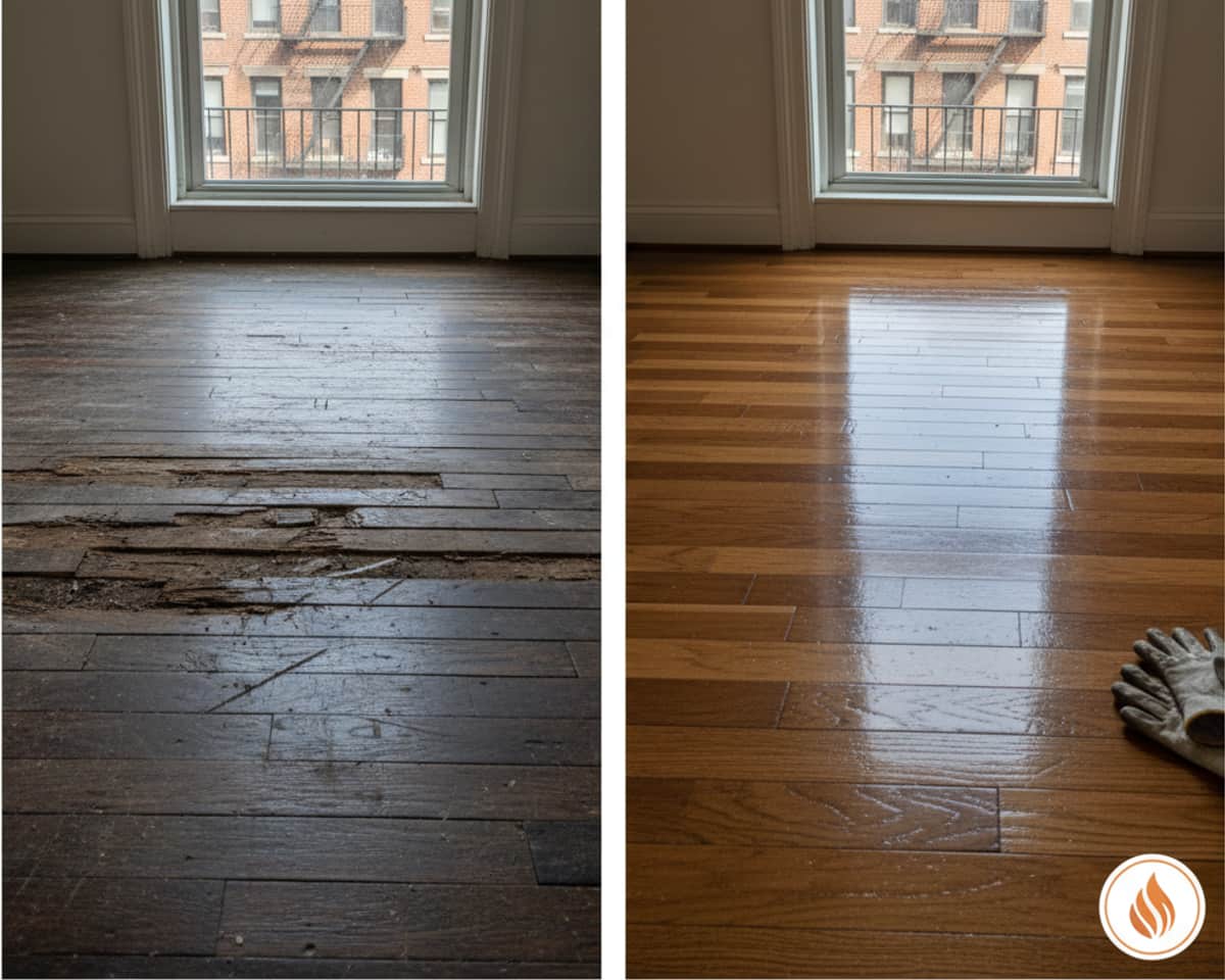 Before and after view of a restored hardwood floor section in a Brooklyn apartment, showcasing perfect repair.