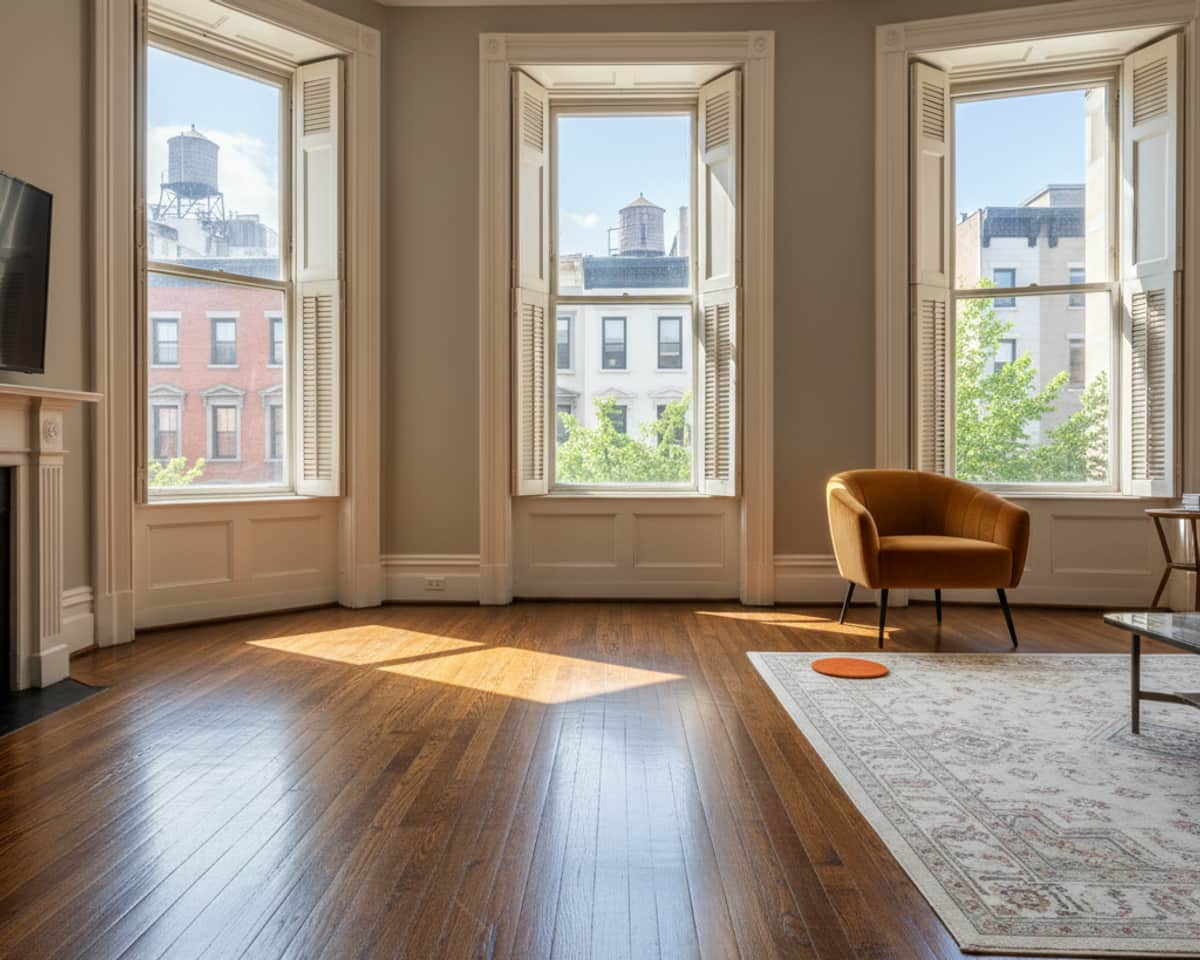 Before and after comparison of a repaired hardwood floor in a New York City brownstone, showing restored beauty